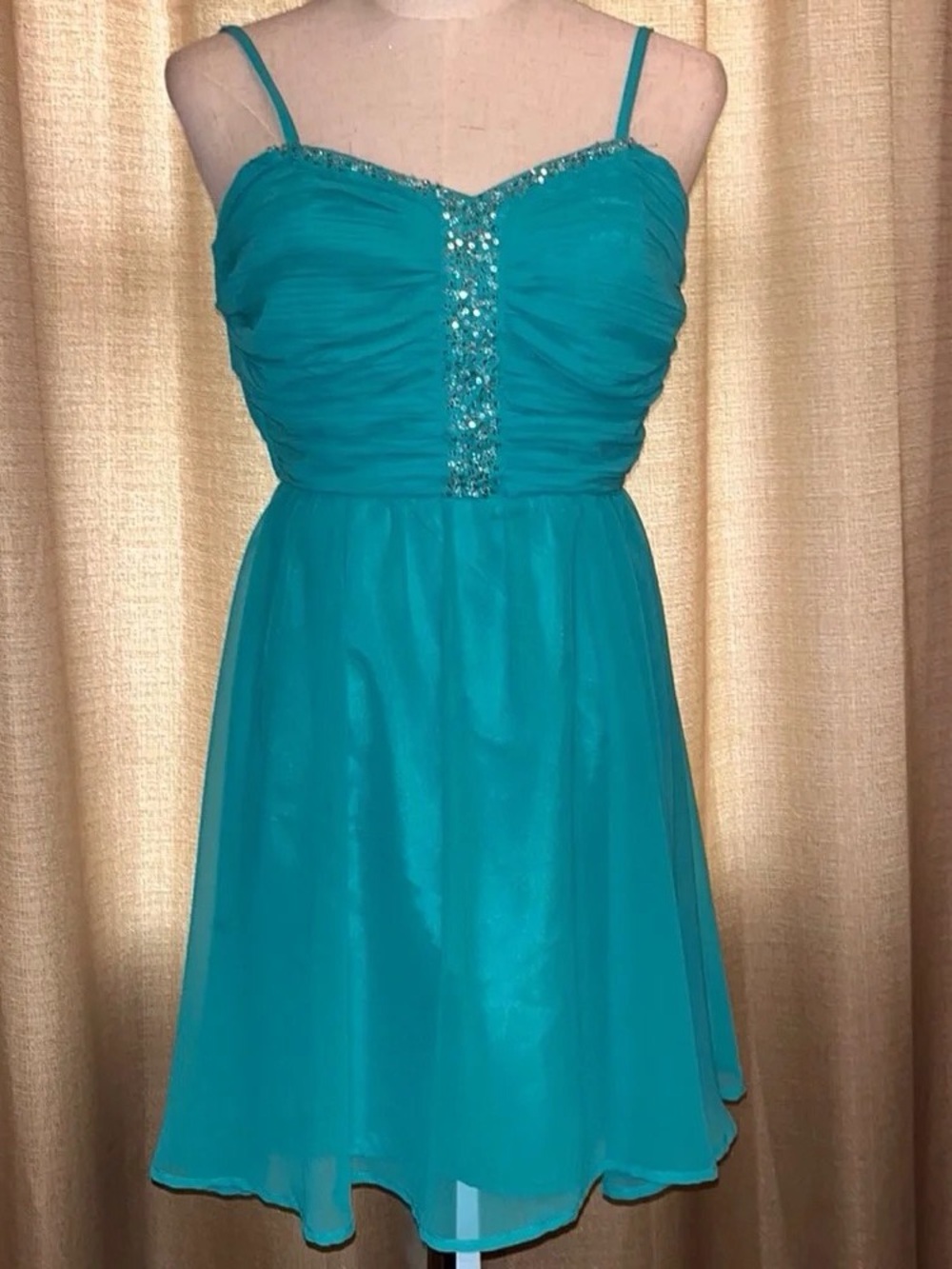 Teal Spaghetti-Strap A-Line Dress with Beaded Bodice